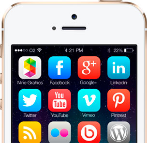 A gold iPhone 5S with a Nine Graphics logo and various social media icons on it's homescreen