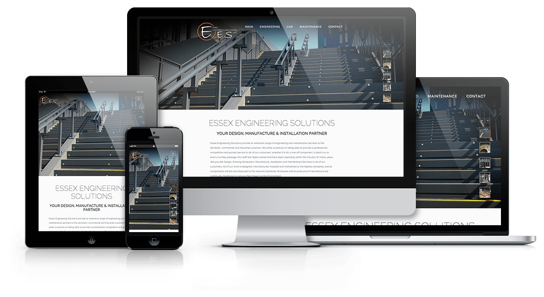 Essex Engineering Solutions website as it appears a desktop computer, a laptop, an iPad and a smartphone